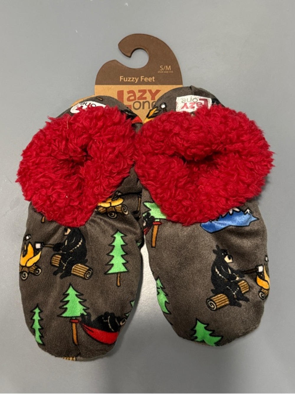 Lazy One Kids Fuzzy Slippers with Red Cuffs and Forest Print